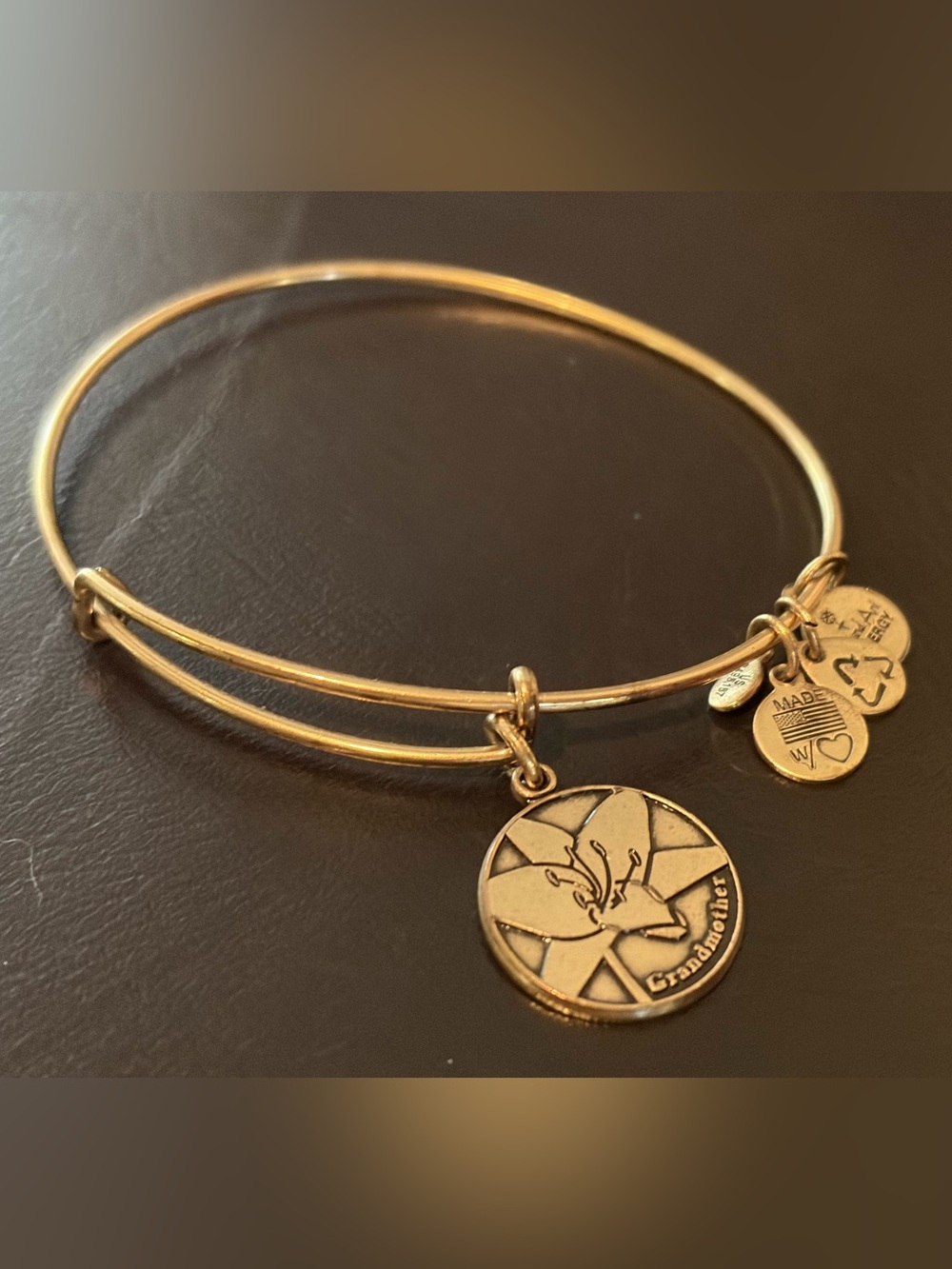 Alex and Ani Adjustable Gold Grandmother Floral Charm Bangle